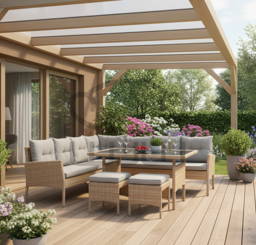 ZESTAW MEBLI RATTANOWYCH GARDEN BERNO (SOFA NAROŻNA + 2 PUFY + STÓŁ) BEŻOWY + SZARE PODUSZK