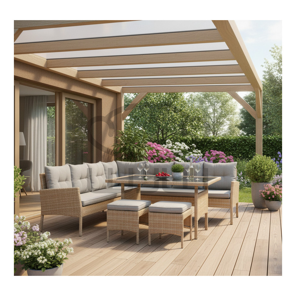 ZESTAW MEBLI RATTANOWYCH GARDEN BERNO (SOFA NAROŻNA + 2 PUFY + STÓŁ) BEŻOWY + SZARE PODUSZK