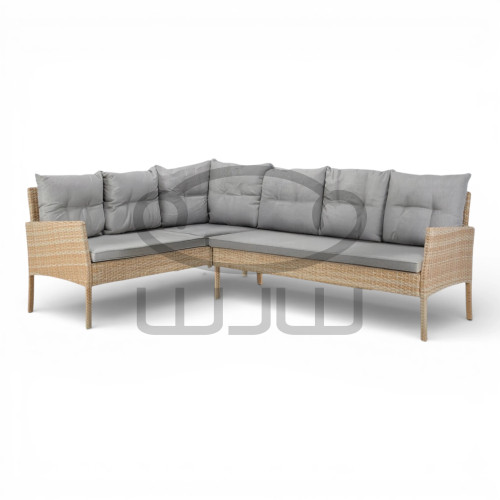 ZESTAW MEBLI RATTANOWYCH GARDEN BERNO (SOFA NAROŻNA + 2 PUFY + STÓŁ) BEŻOWY + SZARE PODUSZK