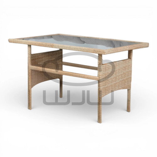 ZESTAW MEBLI RATTANOWYCH GARDEN BERNO (SOFA NAROŻNA + 2 PUFY + STÓŁ) BEŻOWY + SZARE PODUSZK