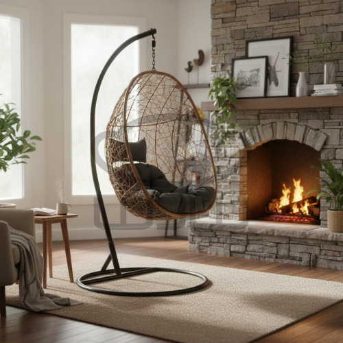 Fotel wiszący GARDEN 1 Naturalny kosz + ciemnoszara poduszka + czarna rama