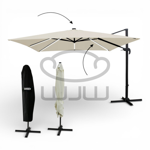 PARASOL OGRODOWY GARDEN „ROMA” 3 × 3 M Beżowy z pokrowcem i oświetleniem LED