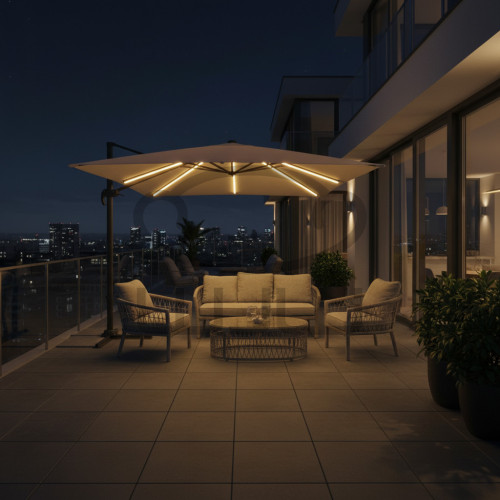 PARASOL OGRODOWY GARDEN „ROMA” 3 × 3 M Beżowy z pokrowcem i oświetleniem LED