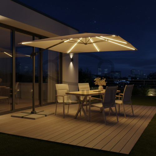 PARASOL OGRODOWY GARDEN „ROMA” 3 × 3 M Beżowy z pokrowcem i oświetleniem LED