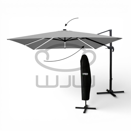 PARASOL OGRODOWY GARDEN „ROMA” 3 × 3 M Szary z pokrowcem i oświetleniem LED