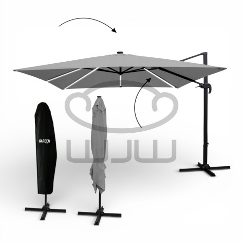 PARASOL OGRODOWY GARDEN „ROMA” 3 × 3 M Szary z pokrowcem i oświetleniem LED