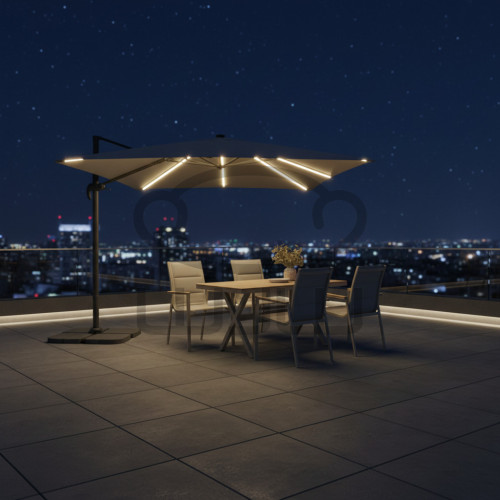 PARASOL OGRODOWY GARDEN „ROMA” 3 × 3 M Szary z pokrowcem i oświetleniem LED